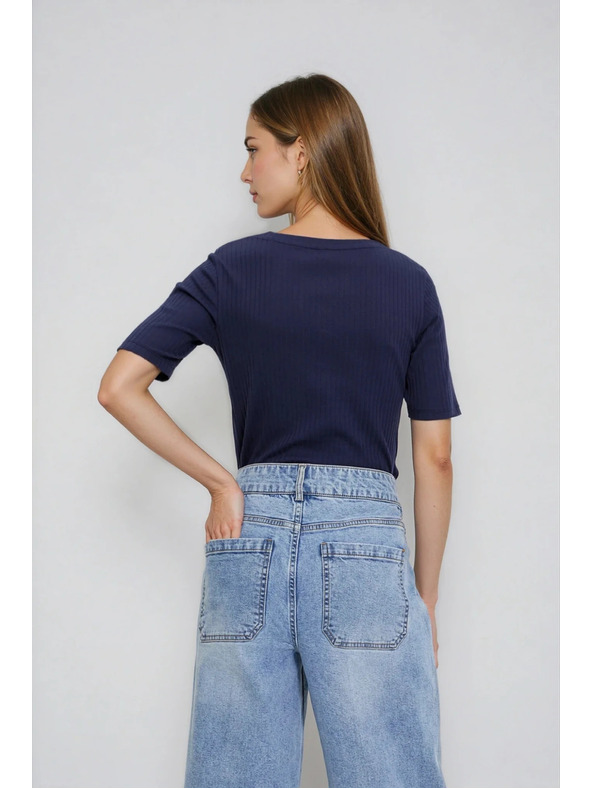 Moodo Temno modra bluza iz rebrastega materiala Moodo