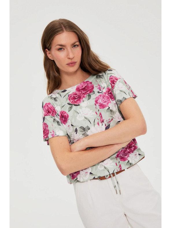 Moodo Olivno zelena cvetlična bluza z vezavo Moodo