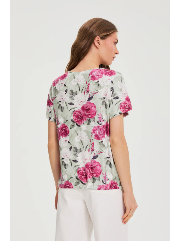 Moodo Olivno zelena cvetlična bluza z vezavo Moodo