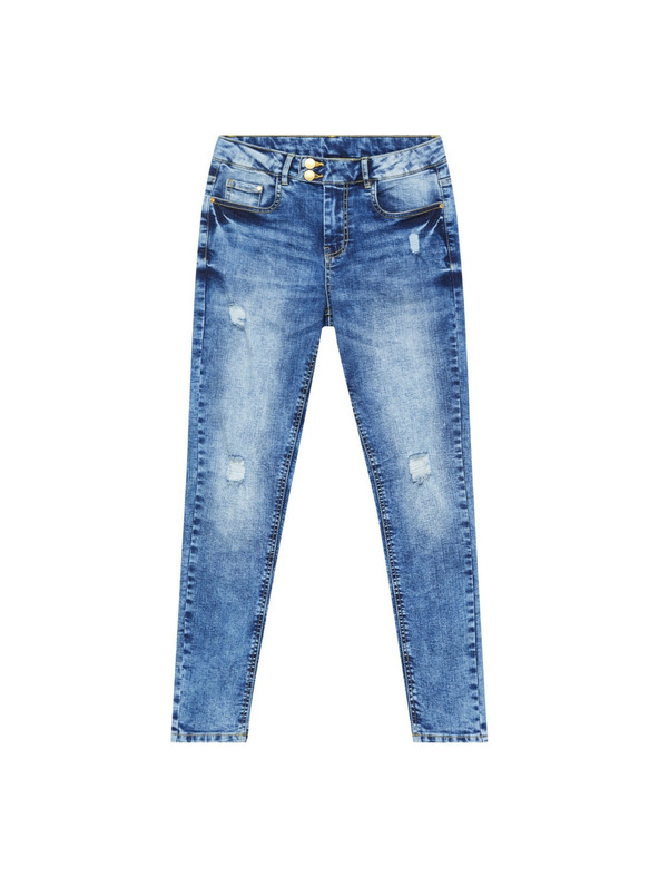 Moodo Ozke kavbojke s srednjim pasom in obrabljenimi deli modre barve Moodo