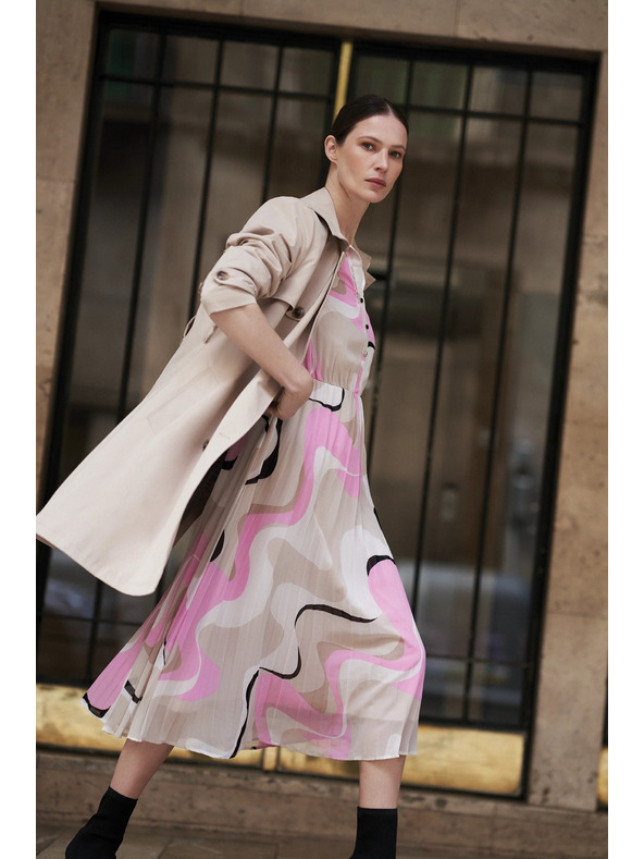 Moodo Bež obleka z geometrijskim vzorcem in nagubanim spodnjim delom Moodo