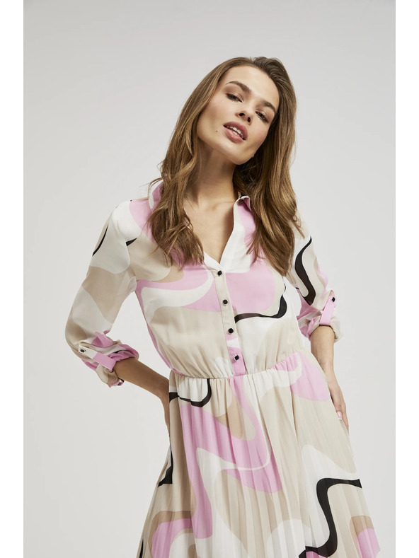 Moodo Bež obleka z geometrijskim vzorcem in nagubanim spodnjim delom Moodo