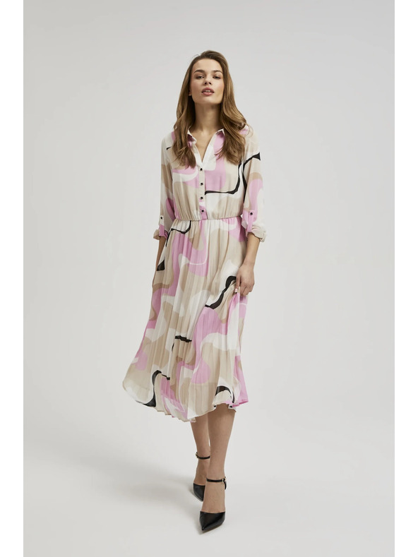 Moodo Bež obleka z geometrijskim vzorcem in nagubanim spodnjim delom Moodo