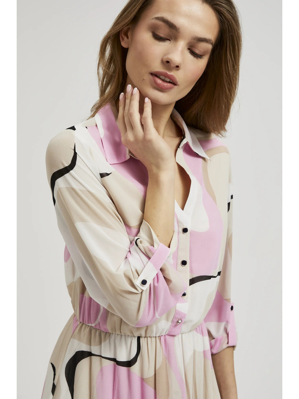 Moodo Bež obleka z geometrijskim vzorcem in nagubanim spodnjim delom Moodo