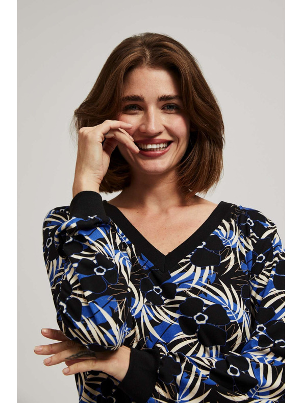 Moodo Vzorčasta črna bluza z V-izrezom Moodo