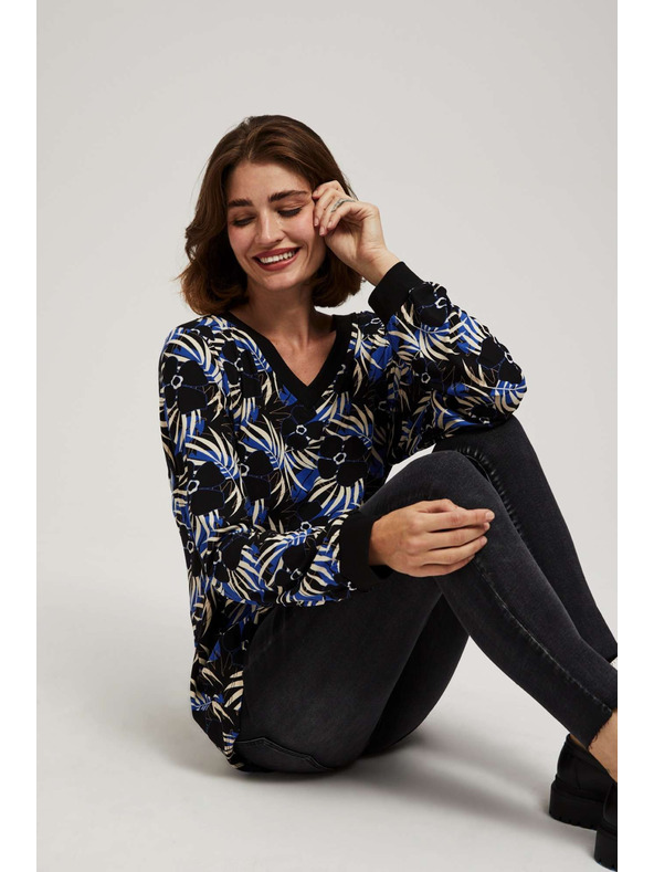 Moodo Vzorčasta črna bluza z V-izrezom Moodo
