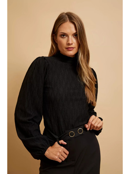 Moodo Črna bluza s polo izrezom in napihnjenimi rokavi Moodo