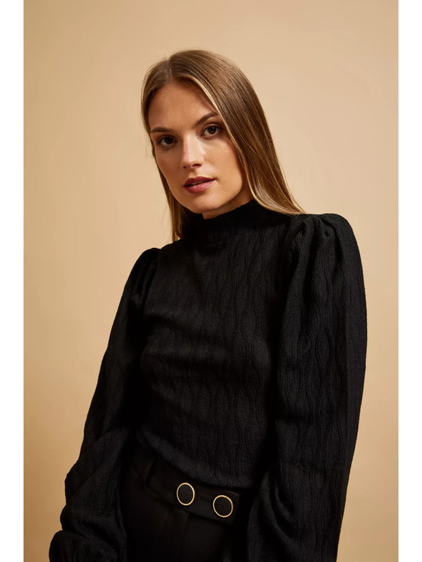 Moodo Črna bluza s polo izrezom in napihnjenimi rokavi Moodo