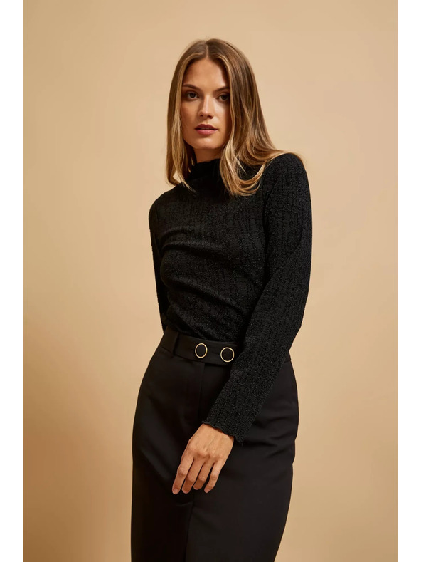 Moodo Črna bluza s polo izrezom, okrašena z metalično nitjo Moodo