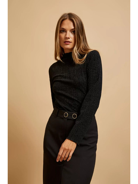 Moodo Črna bluza s polo izrezom, okrašena z metalično nitjo Moodo