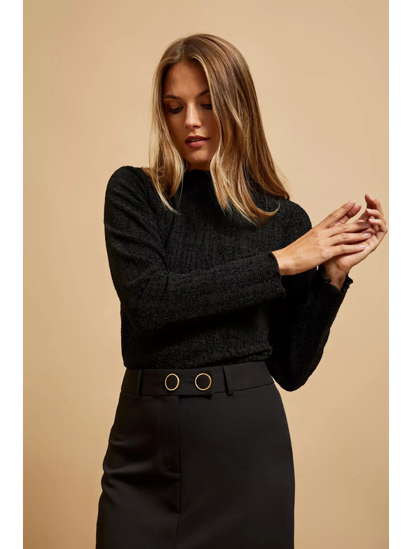 Moodo Črna bluza s polo izrezom, okrašena z metalično nitjo Moodo