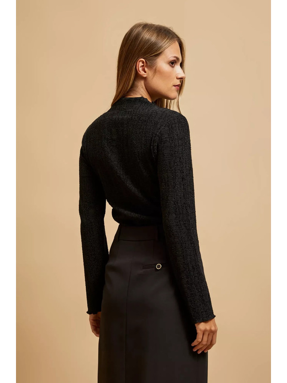 Moodo Črna bluza s polo izrezom, okrašena z metalično nitjo Moodo