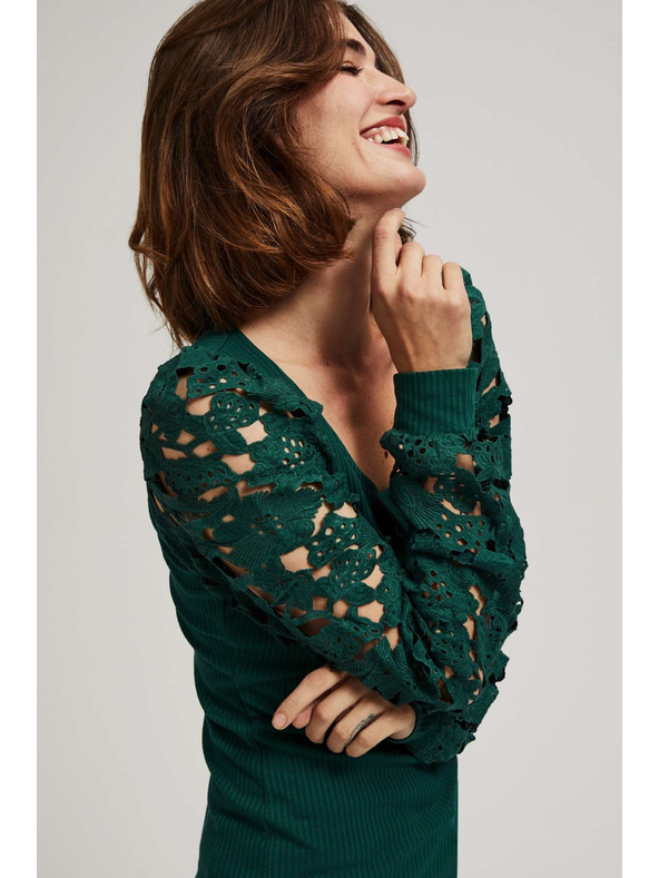 Moodo Smaragdna majica z čipkastimi rokavi Moodo