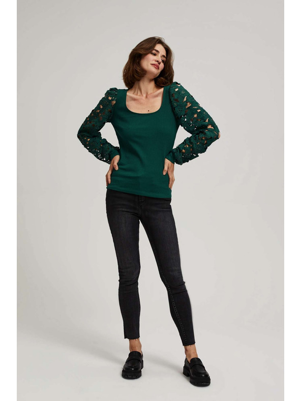 Moodo Smaragdna majica z čipkastimi rokavi Moodo