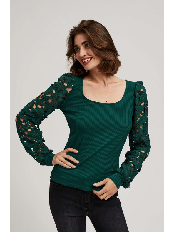 Moodo Smaragdna majica z čipkastimi rokavi Moodo