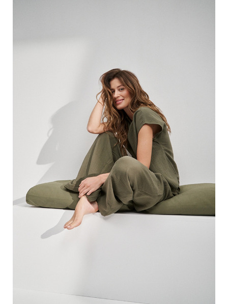 Moodo Olivne bombažne hlače z širokimi hlačnicami Moodo