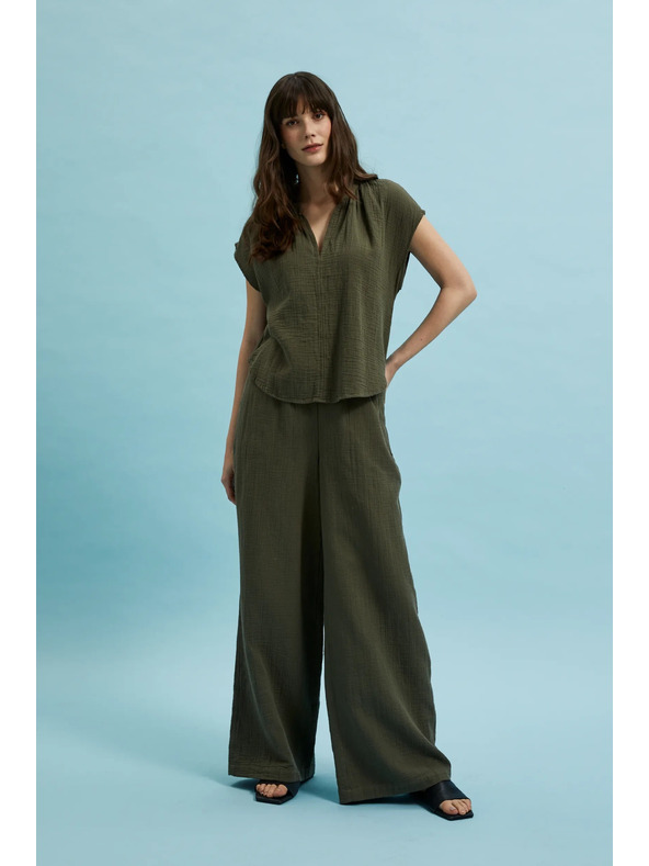 Moodo Olivne bombažne hlače z širokimi hlačnicami Moodo