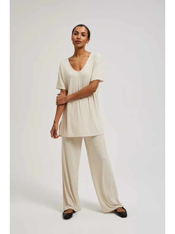 Moodo Bež hlače iz rebraste pletenine Moodo