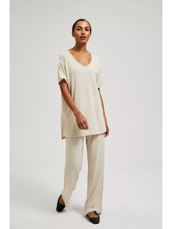 Moodo Bež hlače iz rebraste pletenine Moodo