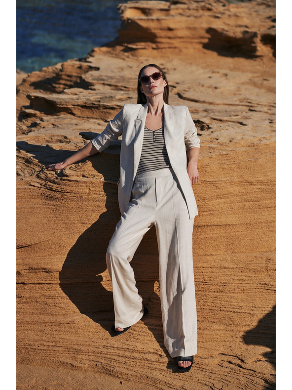 Moodo Lanene hlače z širokimi hlačnicami bež barve Moodo