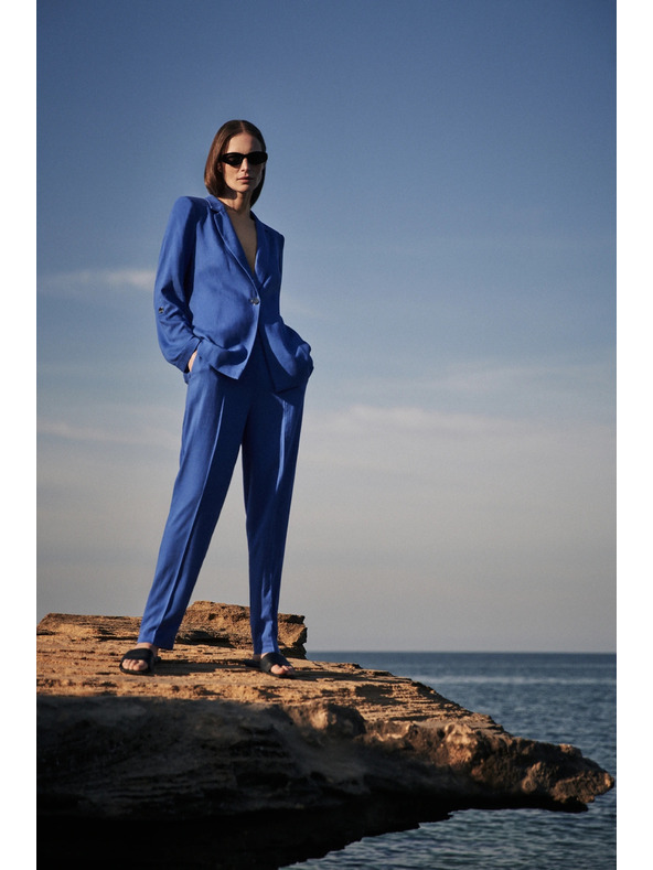 Moodo Lanene hlače z hlačnicami do roba modre Moodo