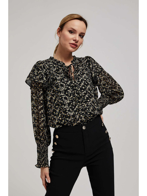 Moodo Vzorčasta srajca z zavezanim izrezom črna Moodo
