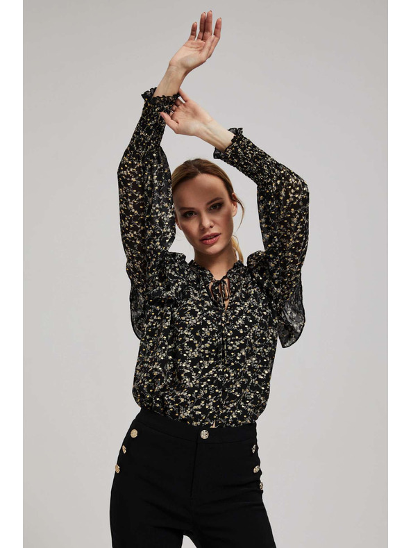 Moodo Vzorčasta srajca z zavezanim izrezom črna Moodo