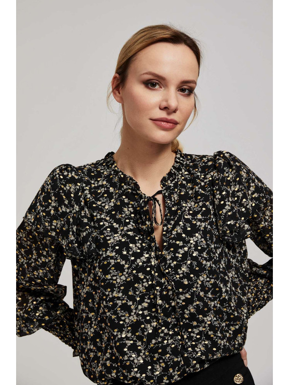 Moodo Vzorčasta srajca z zavezanim izrezom črna Moodo