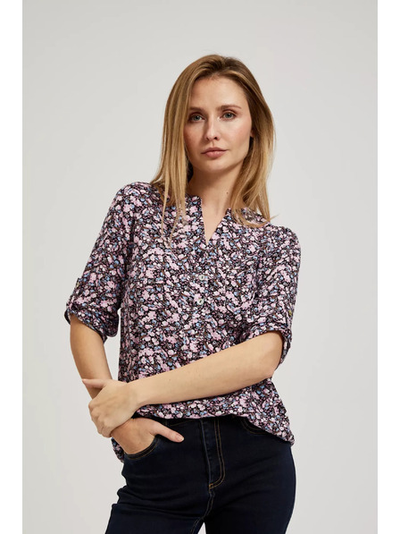 Moodo Temno modra srajca s cvetličnim tiskom in zavihani rokavi Moodo