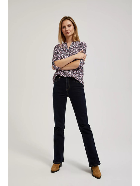 Moodo Temno modra srajca s cvetličnim tiskom in zavihani rokavi Moodo