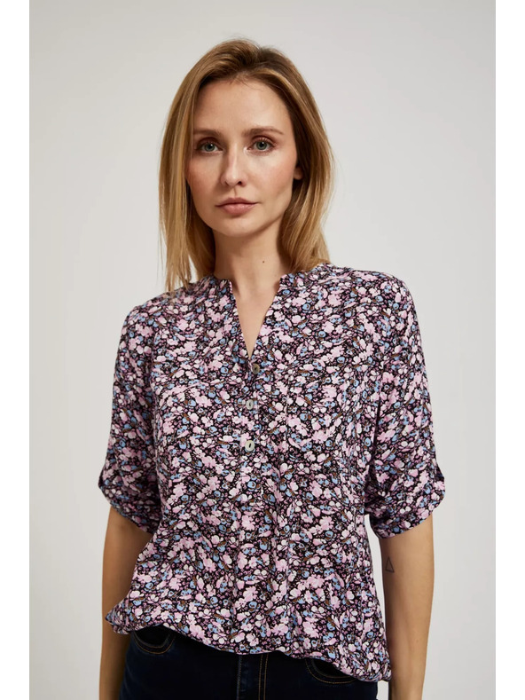Moodo Temno modra srajca s cvetličnim tiskom in zavihani rokavi Moodo