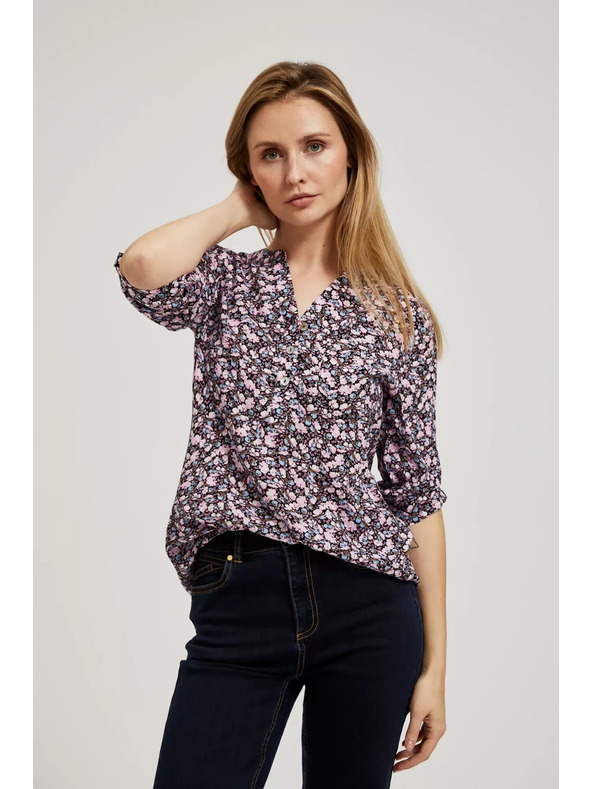 Moodo Temno modra srajca s cvetličnim tiskom in zavihani rokavi Moodo