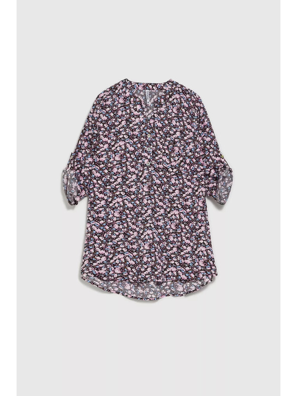 Moodo Temno modra srajca s cvetličnim tiskom in zavihani rokavi Moodo