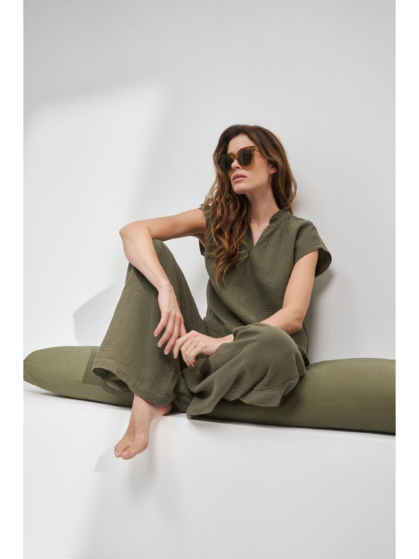 Moodo Bombažna bluza z V-izrezom olivno zelena Moodo
