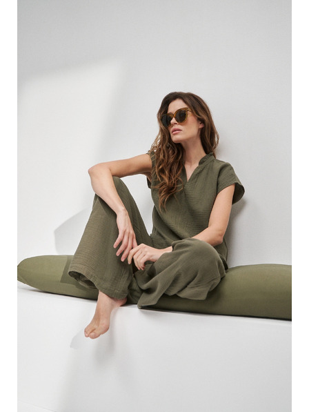 Moodo Bombažna bluza z V-izrezom olivno zelena Moodo