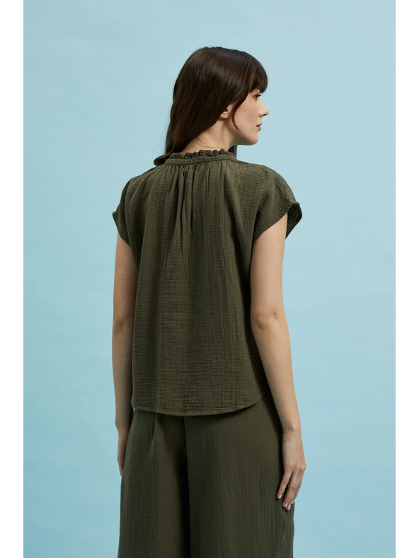 Moodo Bombažna bluza z V-izrezom olivno zelena Moodo