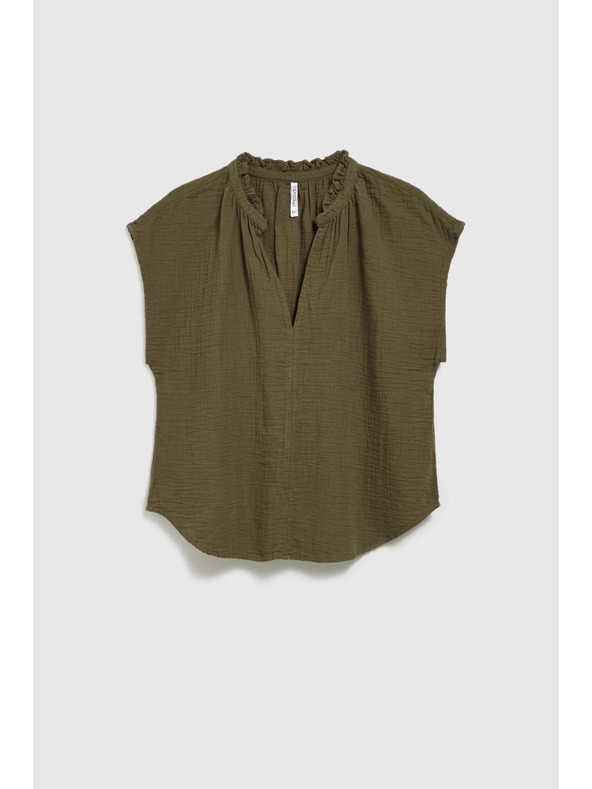 Moodo Bombažna bluza z V-izrezom olivno zelena Moodo