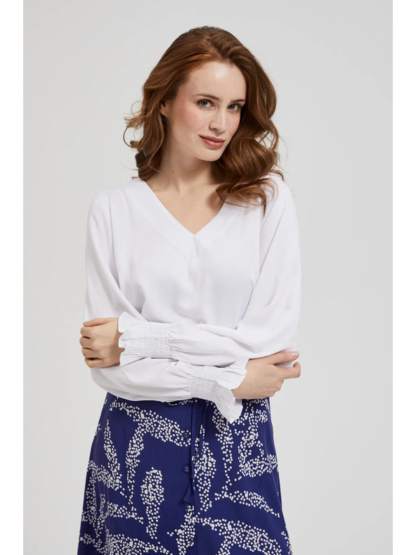 Moodo Viskozna srajca z V-izrezom in napihnjeni rokavi, bela Moodo