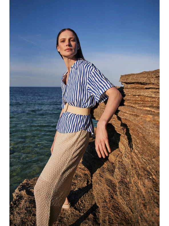 Moodo Modra prižasta srajca z gumbi in žepi Moodo