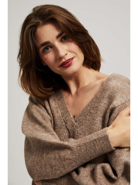 Moodo Temno béžen pulover z V-izrezom Moodo