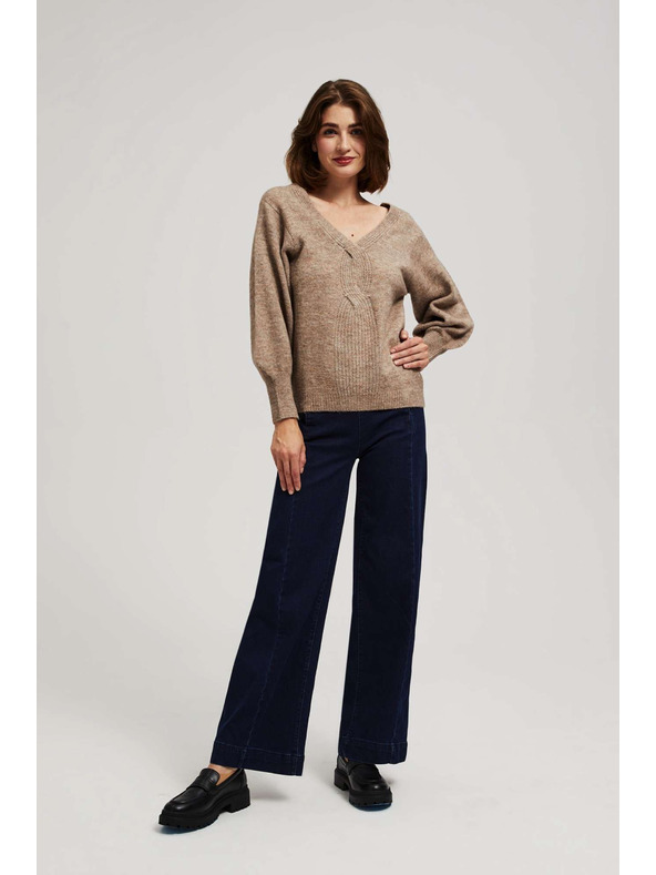 Moodo Temno béžen pulover z V-izrezom Moodo