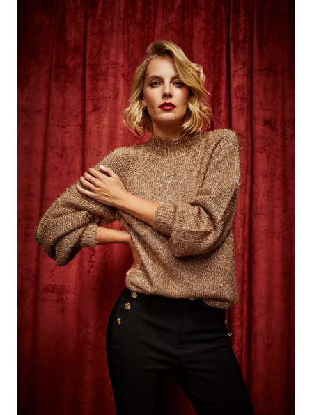 Moodo Béžev pulover z rolakom z metalnim thread-om Moodo