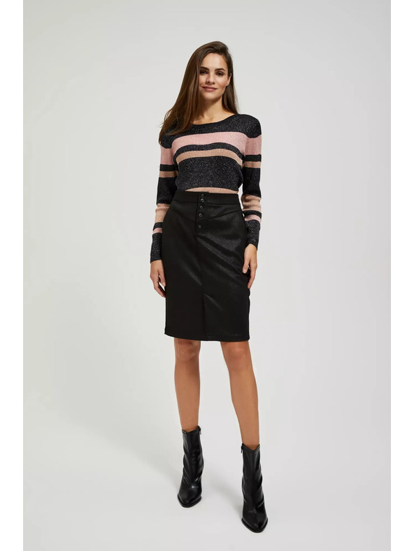 Moodo Črn pulover s črtami, z metalnim thread-om in okroglim izrezom Moodo