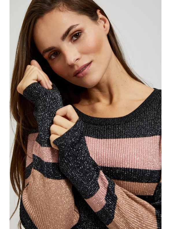 Moodo Črn pulover s črtami, z metalnim thread-om in okroglim izrezom Moodo