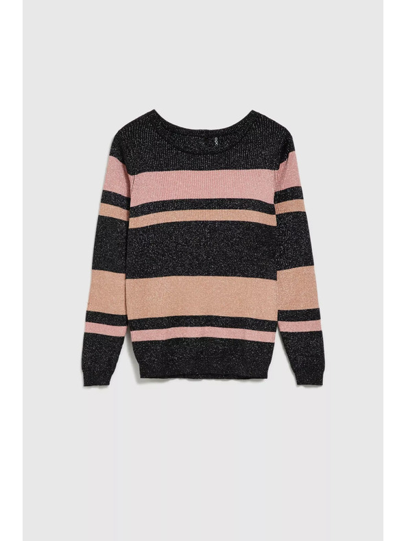 Moodo Črn pulover s črtami, z metalnim thread-om in okroglim izrezom Moodo