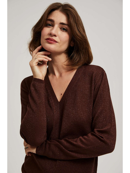 Moodo Rjav pulover z metalnim vlaknom in V-izrezom Moodo