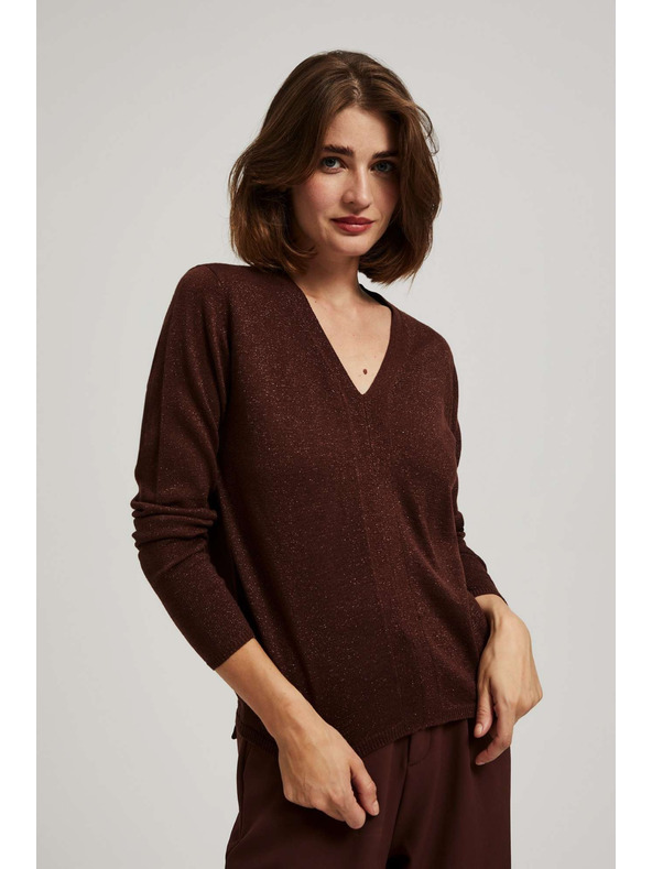 Moodo Rjav pulover z metalnim vlaknom in V-izrezom Moodo