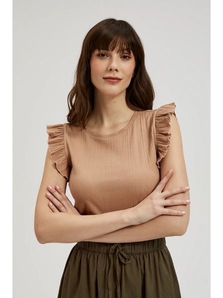 Moodo Rebrasta bluza z volančkom na ramenih béžna Moodo