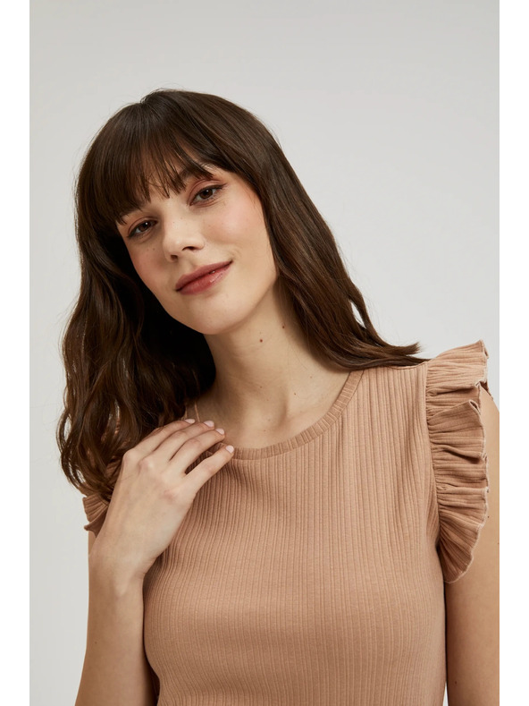 Moodo Rebrasta bluza z volančkom na ramenih béžna Moodo