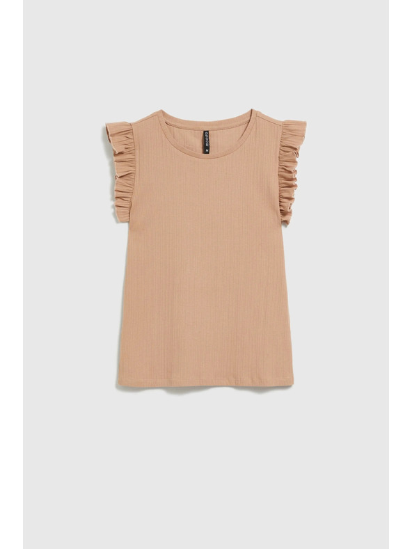 Moodo Rebrasta bluza z volančkom na ramenih béžna Moodo